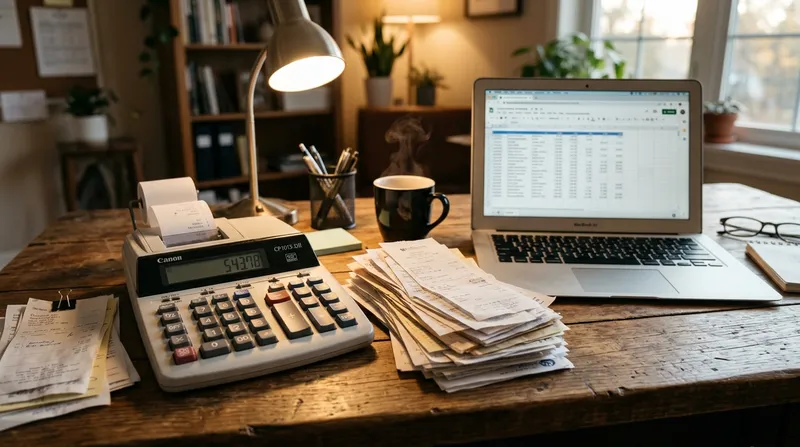 Bookkeeping desk with calculator, receipts, and laptop showing a spreadsheet