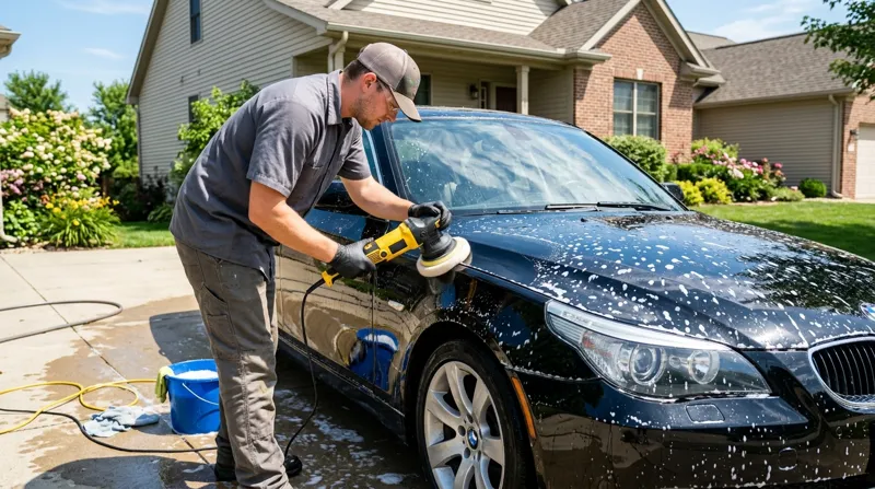 Worker polishing a black car