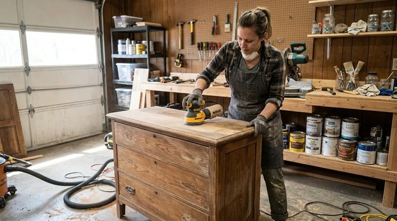 Person sanding a wooden dresser